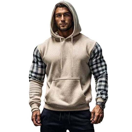 Herren Hoodie mit karierten Ärmeln und Kängurutasche Heidi-Mode