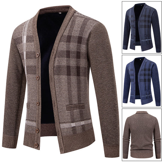 Herren stilvolle Strickjacke mit modernem Karomuster und praktischen Taschen Heidi-Mode
