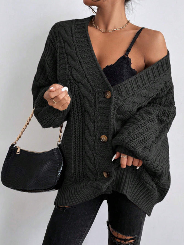 Damen Grobstrick Cardigan mit weiten Ärmeln und Knopfdetails Heidi-Mode