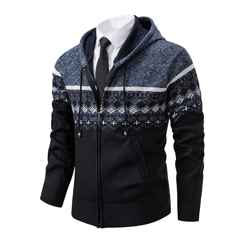 Herren stilvolle Strickjacke mit Kapuze und Norweger-Muster Heidi-Mode