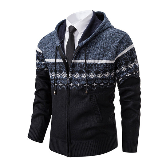 Herren stilvolle Strickjacke mit Kapuze und Norweger-Muster Heidi-Mode