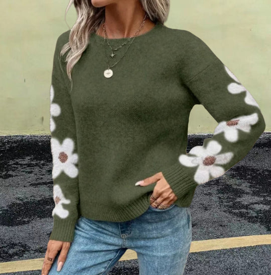 Damen Strickpullover mit floralem Muster und Rundhalsausschnitt Heidi-Mode