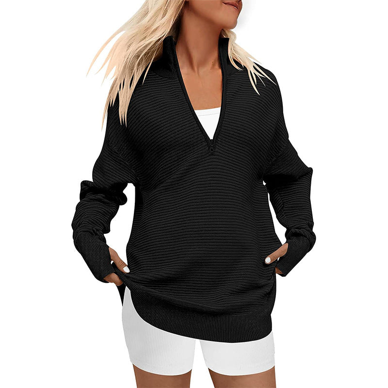 Damen Oversized Pullover mit Stehkragen und Reißverschluss Heidi-Mode