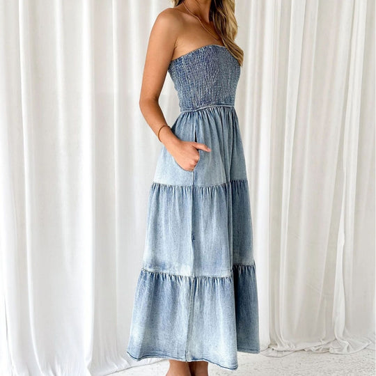 Damen Maxi Kleid mit strukturierter Oberpartie und weit schwingendem Rock Heidi-Mode