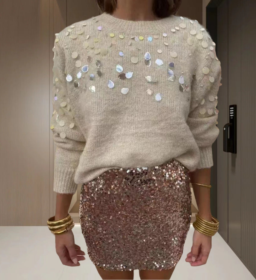 Damen Glitzernder Pullover mit eleganter Pailletten-Detail und lässiger Passform Heidi-Mode