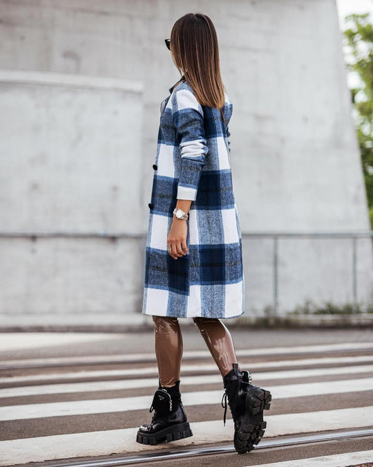 Heidi-Mode | Lässiger Langärmliger Karierter Langer Wollpullover Jacke