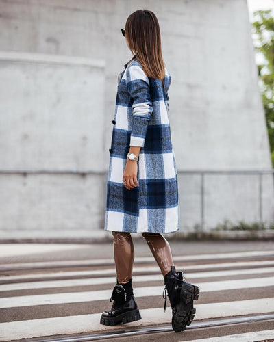 Heidi-Mode | Lässiger Langärmliger Karierter Langer Wollpullover Jacke