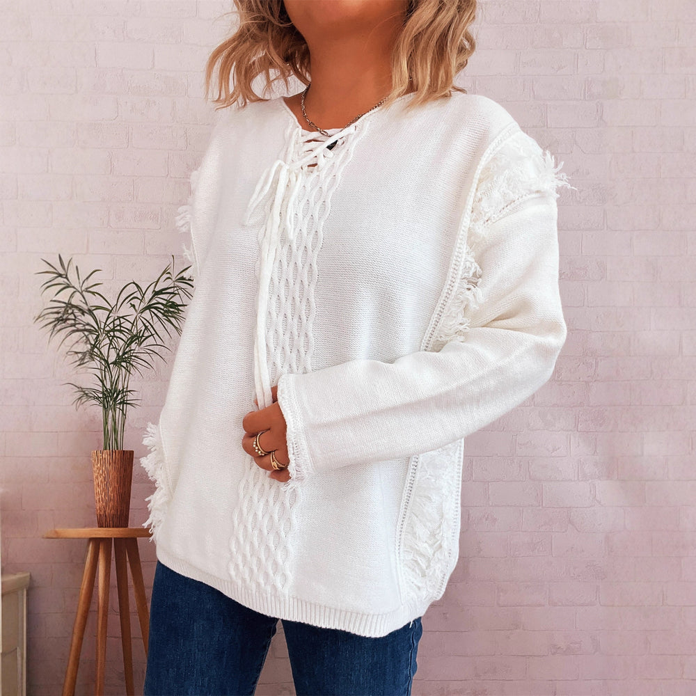 Damen Oversize-Strickpullover mit verspieltem Fransen-Design und Zopfmuster Heidi-Mode