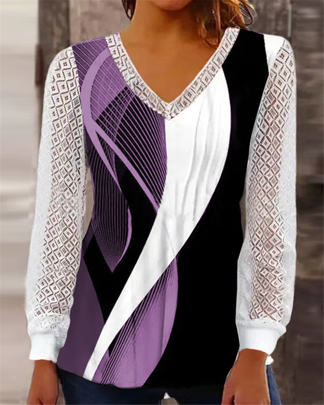 Damen Langärmliges V-Ausschnitt Oberteil mit attraktivem geometrischem Muster Heidi-Mode