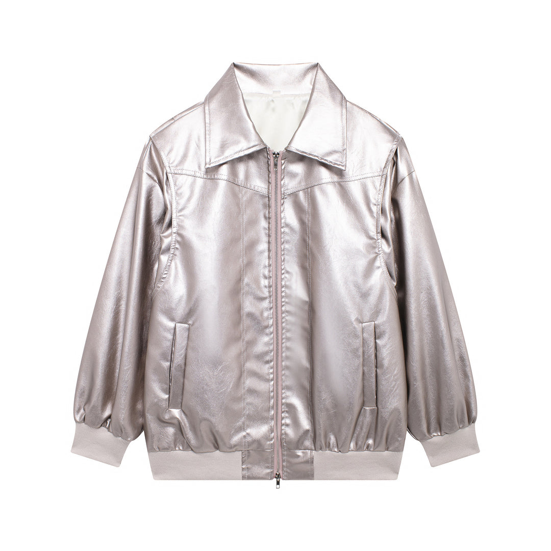 Damen Kunstlederjacke mit elastischen Bündchen und hochschließendem Kragen Heidi-Mode
