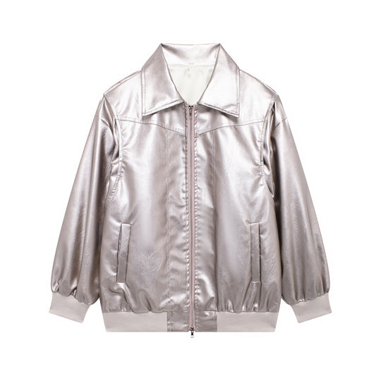 Damen Kunstlederjacke mit elastischen Bündchen und hochschließendem Kragen Heidi-Mode