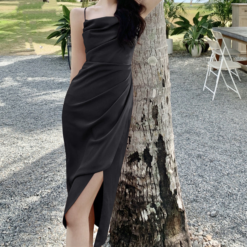 Heidi-Mode | Sommer Französischer Satin Sexy Sling Schlitz Lang Kleid