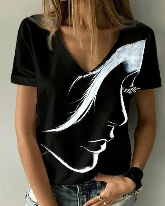 Damen V-Ausschnitt T-Shirt mit kreativem Grafikdruck Heidi-Mode