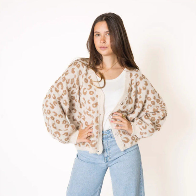 Damen lässiger Strickcardigan mit elegantem Leopardenmuster Heidi-Mode