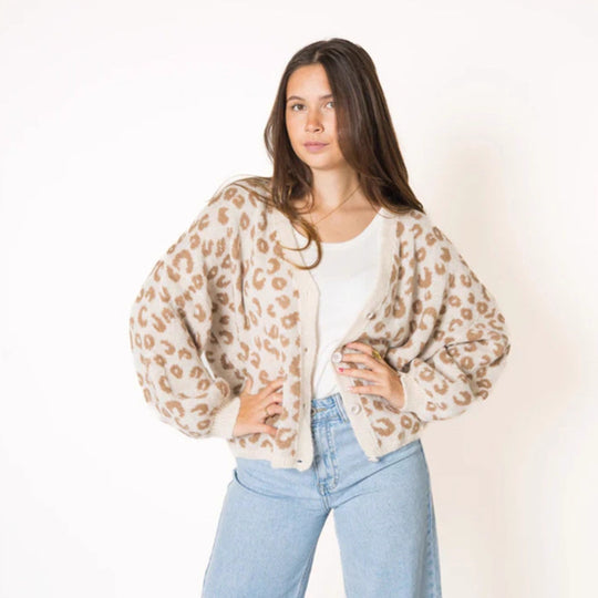 Damen lässiger Strickcardigan mit elegantem Leopardenmuster Heidi-Mode
