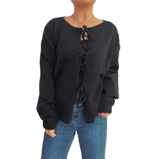 Damen Strickjacke mit dekorativem Schnürdesign und weitem Schnitt Heidi-Mode