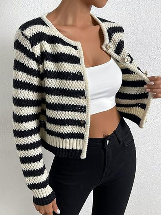 Damen gestreifte Strickjacke mit dekorativen Knöpfen Heidi-Mode
