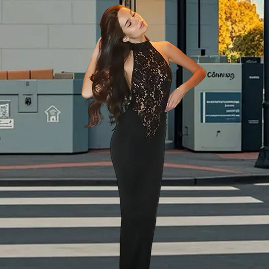 Damen Elegantes Spitzen-Maxikleid mit tiefem V-Ausschnitt und figurbetontem Schnitt Heidi-Mode