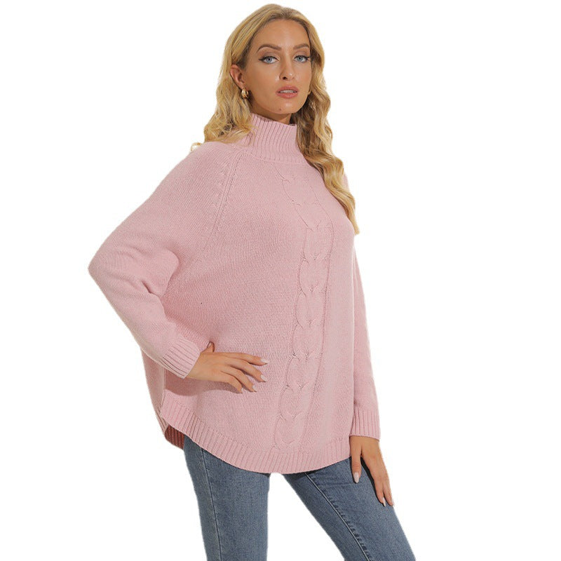 Damen gemütlicher Strickpullover mit hochgeschlossenem Kragen und modischem Zopfmuster Heidi-Mode