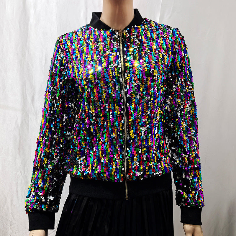 Damen Glitzernde Bomberjacke mit sportlichen Strickdetails Heidi-Mode