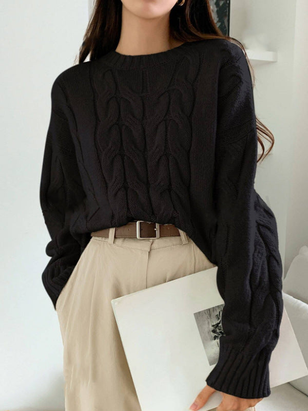 Damen Gemusterter Strickpullover mit voluminösen Ärmeln und Rundhalsausschnitt Heidi-Mode