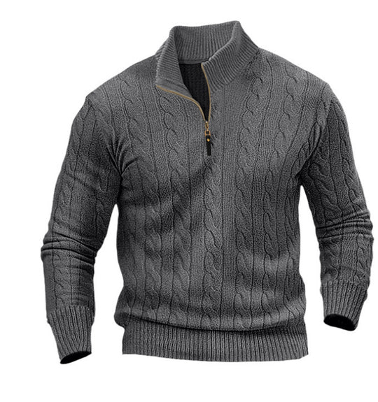 Herren stylischer Strickpullover mit halb offenem Kragen und Zopfmuster Heidi-Mode