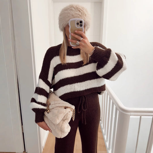Damen modischer Cropped Pullover mit einzigartigem Streifenmuster und weit geschnittenen Ärmeln Heidi-Mode