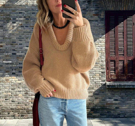 Damen Strickpullover mit V-Ausschnitt und lässigem Schnitt Heidi-Mode