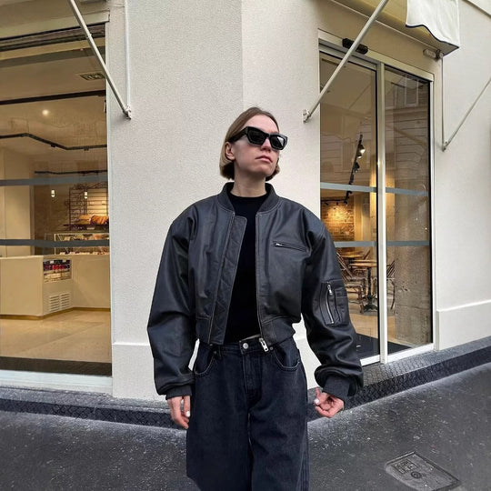 Damen Bikerjacke aus hochwertigem Kunstleder mit praktischen Taschen und elastischem Bündchen Heidi-Mode