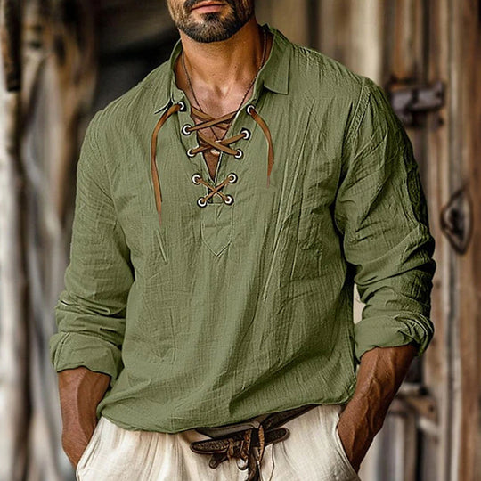 Herren lässiges Langarmhemd mit elegante Schnürung Heidi-Mode