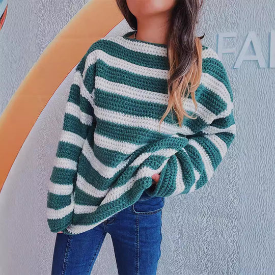 Damen lässiger Strickpullover mit blockierendem Streifenmuster und weitem Schnitt Heidi-Mode