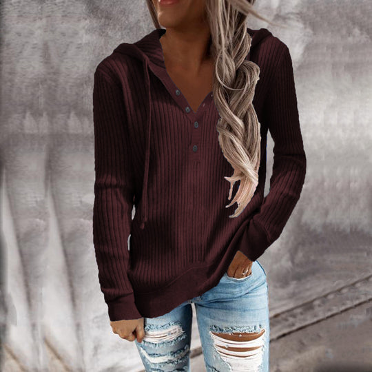 Damen Kapuzenpullover mit feinem Rippstrick und Knopfleiste Heidi-Mode