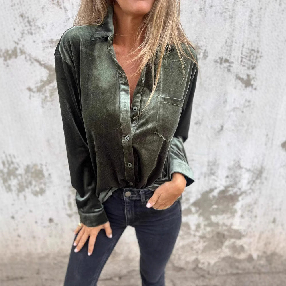 Damen Elegante Samtbluse mit klassischem Hemdkragen und langen Ärmeln Heidi-Mode