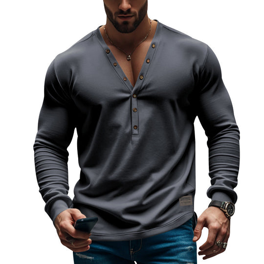 Herren Langarm Henley T-Shirt mit modernem Knopfverschluss und figurbetontem Schnitt Heidi-Mode
