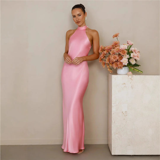 Damen Elegantes Maxikleid mit hochgeschlossenem Design und schimmerndem Satin-Finish Heidi-Mode
