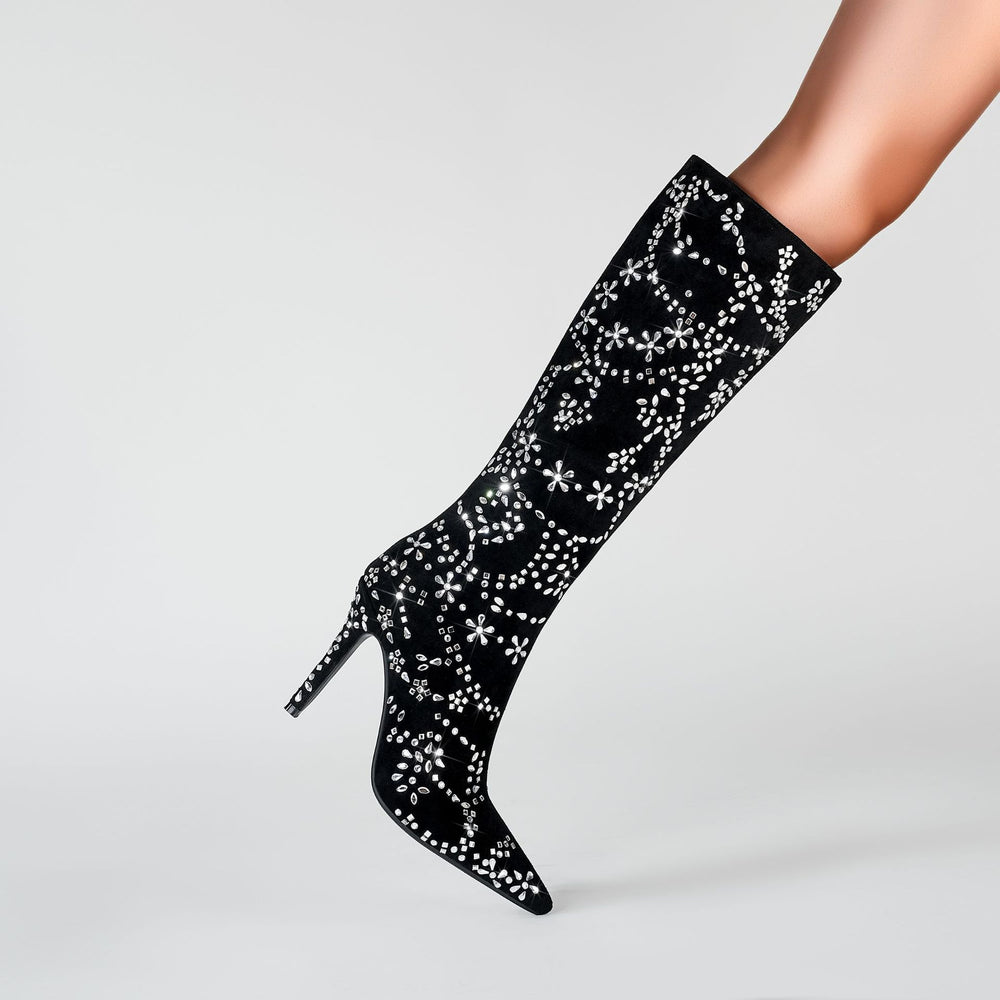 Femme Verziehrte Wildleder Spitz-Zeh Stiletto Kniehohe Stiefel Heidi-Mode