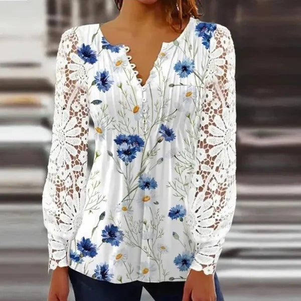 Damen Spitzenbluse mit eleganten Knopfdetails und voluminösen Ärmeln Heidi-Mode