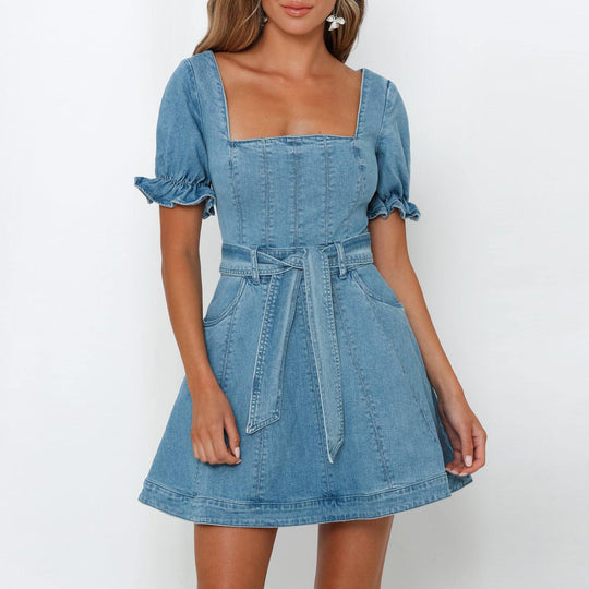 Damen Jeanskleid mit Taillengürtel und Puffärmeln Heidi-Mode