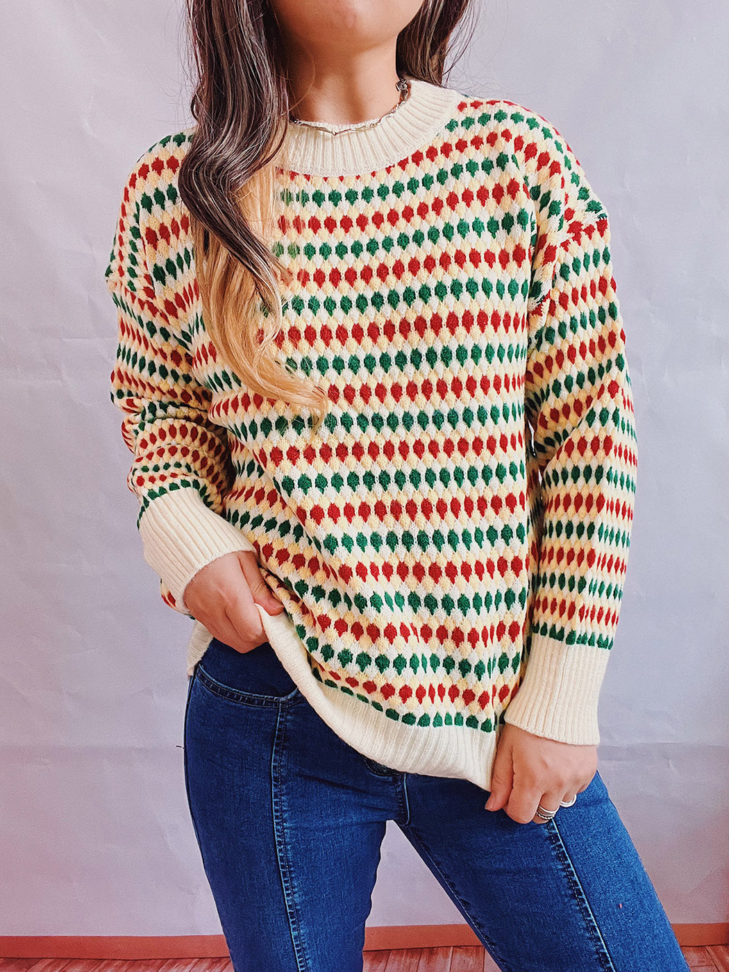 Damen lässiger Strickpullover mit buntem Rautenmuster und Rundhalsausschnitt Heidi-Mode