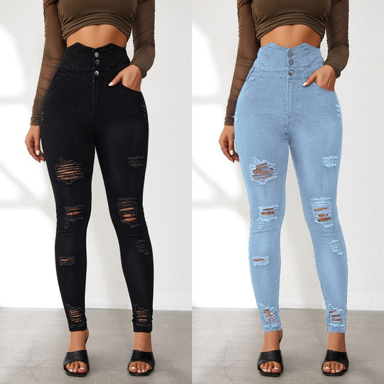 Damen Hochtaillierte Skinny Jeans mit modischen Rissen und eleganter Knopfleiste Heidi-Mode