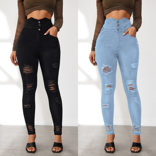 Damen Hochtaillierte Skinny Jeans mit modischen Rissen und eleganter Knopfleiste Heidi-Mode