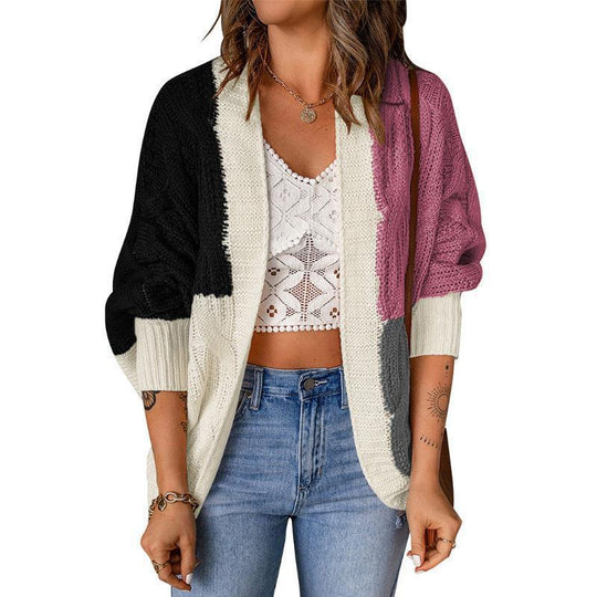 Damen lässige Strickjacke mit buntem Patchwork-Design und weitem Schnitt Heidi-Mode