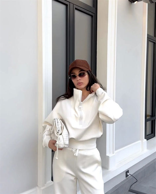 Damen gemütliches Fleece-Loungewear-Set mit hochgezogenem Kragen und lockerer Passform Heidi-Mode