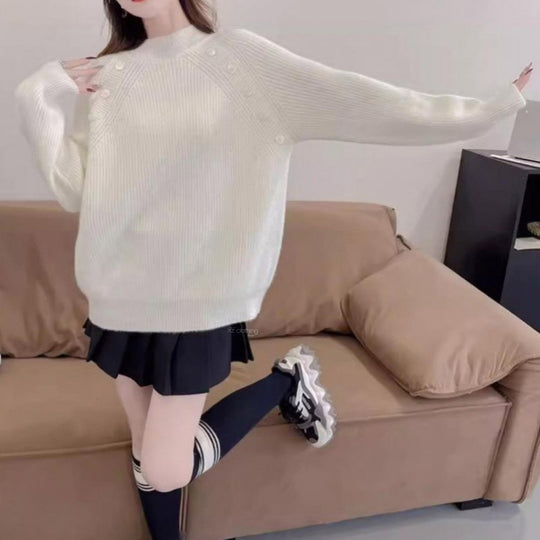 Damen Grobstrickpullover mit modernem Stehkragen und Knopfdetails Heidi-Mode