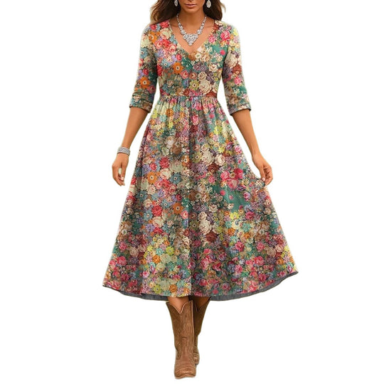 Damen Maxikleid mit floralem Design und elegantem V-Ausschnitt Heidi-Mode