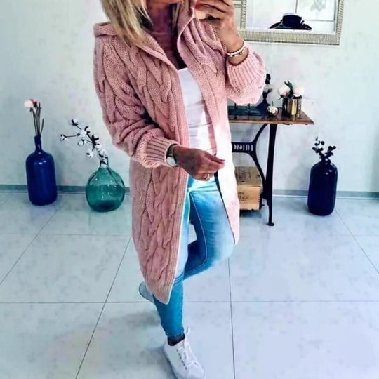Damen Grobstrick-Cardigan mit Kapuze und Zopfmuster Heidi-Mode