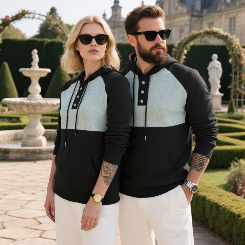 Herren Kapuzensweater mit modernem Henley-Ausschnitt und kontrastierenden Ärmeln Heidi-Mode