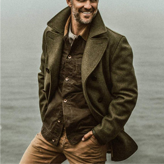 Herren eleganter Mantel mit doppelter Knopfleiste und hohem Kragen Heidi-Mode