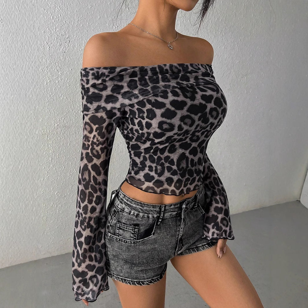 Damen Schulterfreies Oberteil mit Leopardenmuster und weiten Ärmeln Heidi-Mode