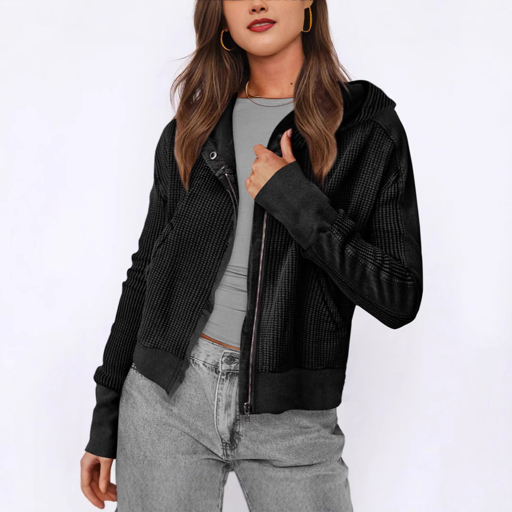 Damen lässige Zip-Jacke mit Kapuze und strukturiertem Design Heidi-Mode